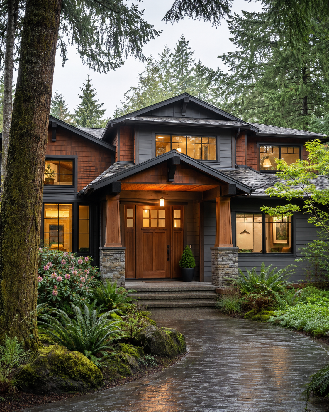 Northwest-style home surrounded by mature evergreen trees in the Portland metro area